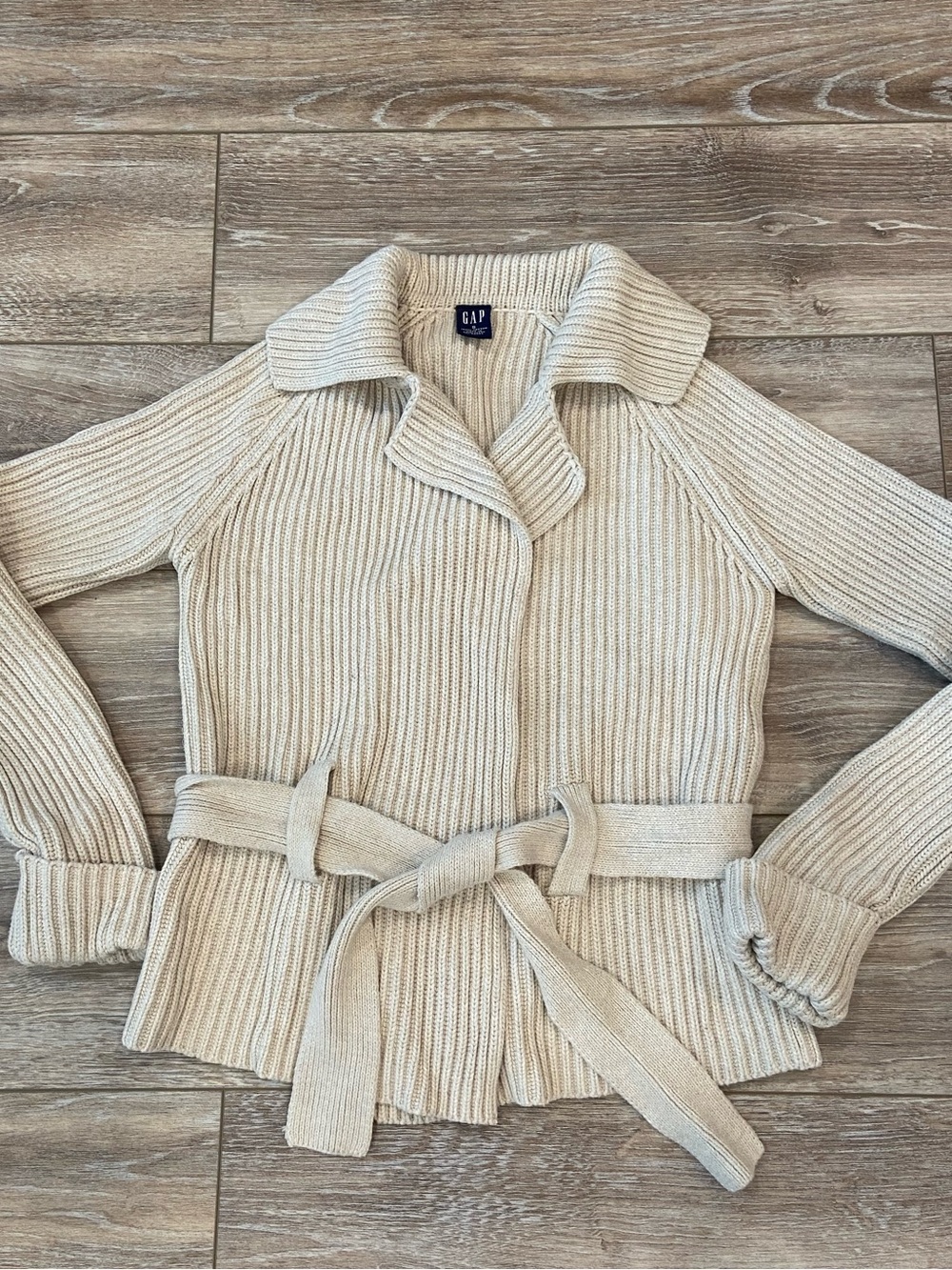 GAP Women's Cream Ribbed Belted Cardigan Sweater